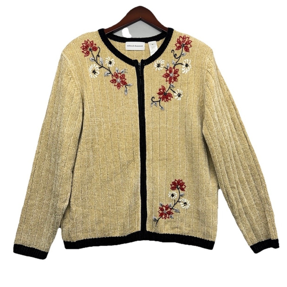 Alfred Dunner Beige Zip Up Cardigan Sweater Floral Embroidered XL Soft